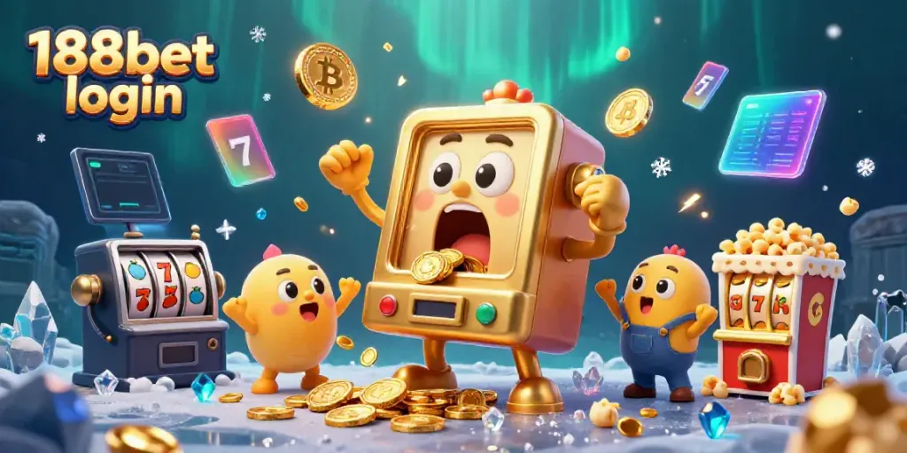 Experience excitement with 188bet login as the golden slot machine hits a jackpot amidst coins and cheering machines.