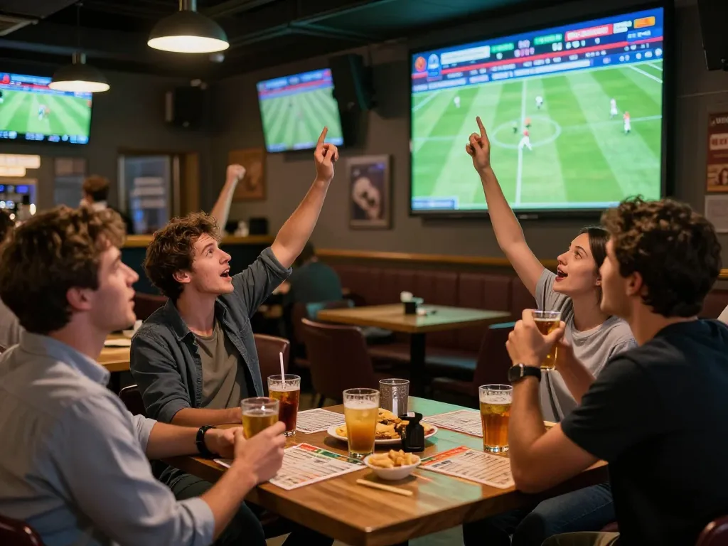 Patrons engaging in sports betting excitement at qq88ae sports bar with vibrant ambiance