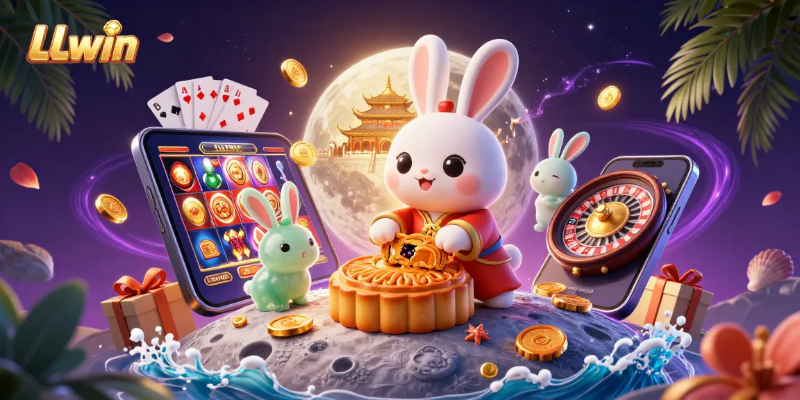 LLwin offers an enticing online gaming scene with a rabbit revealing poker chips and colorful slot elements.