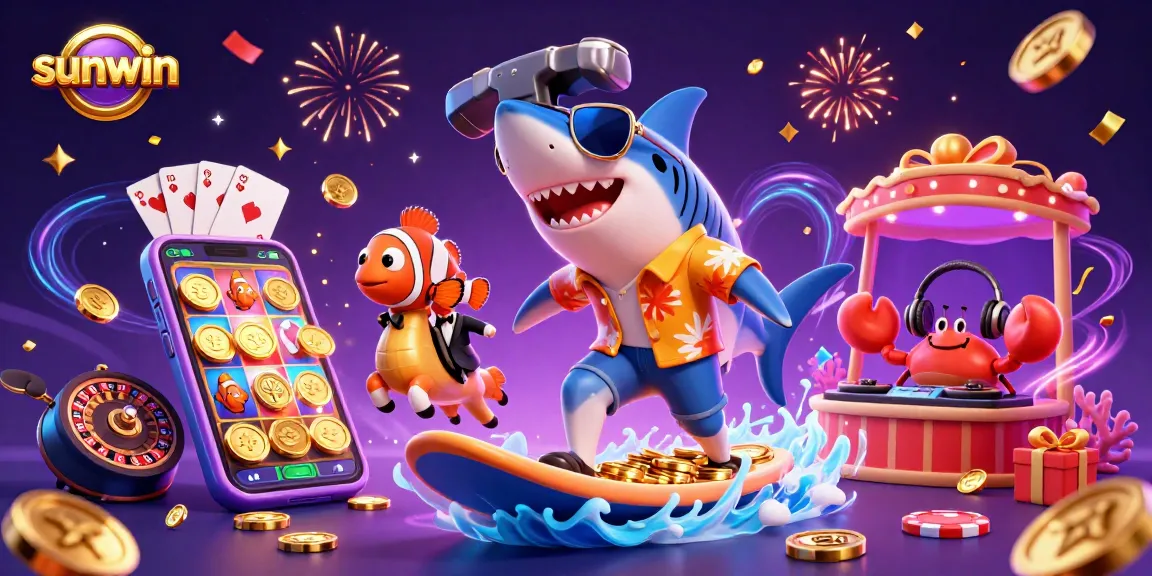 Engage with sunwin's thrilling casino games among vibrant characters and gold-themed elements.