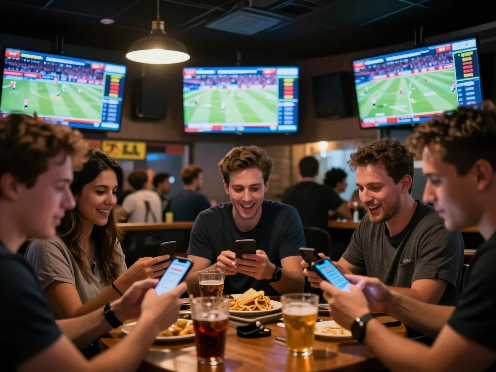 Excited patrons engaging with sports betting on smartphones at 92slot bar.