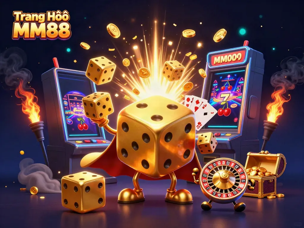 Experience the vibrant world of Trang Chủ MM88 with engaging casino elements and captivating golden characters.