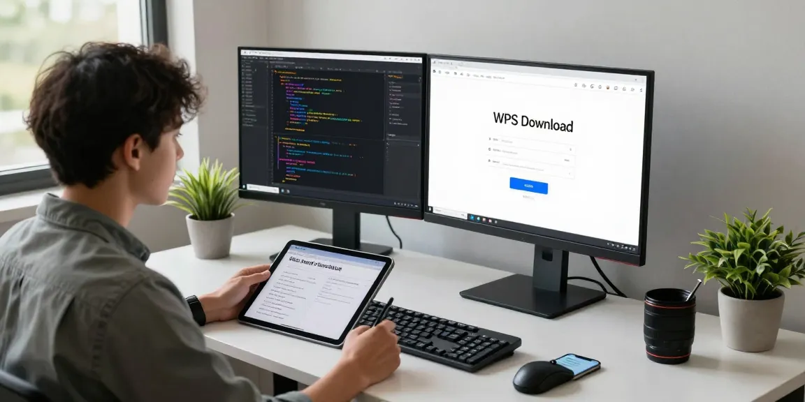 WPS Download installation in a modern software workspace with monitors and a programmer focused on setup.