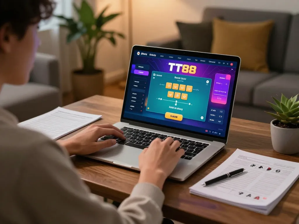 Person playing on Nhà cái TT88 gaming platform, illustrating online poker strategy in a cozy home setting.