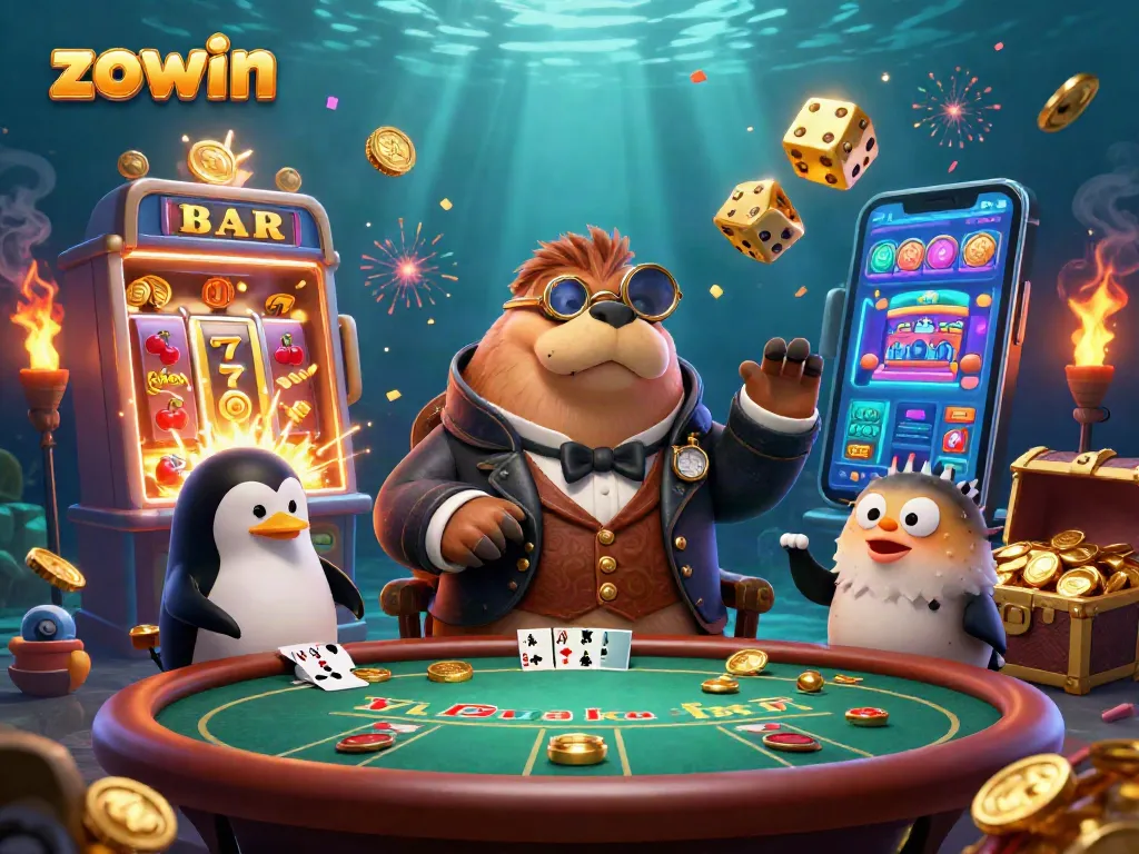 Experience the excitement of zowin with this vibrant poker scene featuring a jolly walrus and winning elements.