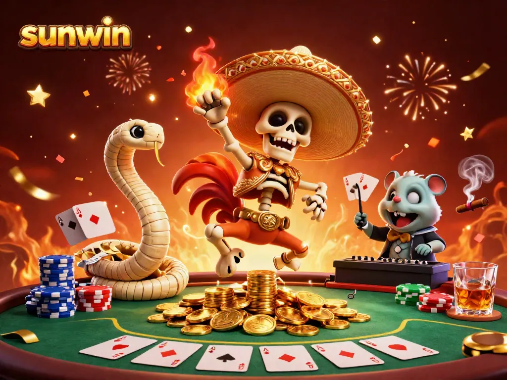 Experience the excitement of sunwin with a vibrant victory scene featuring unique casino characters and dynamic elements.