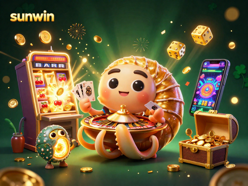 Sunwin casino illustration featuring a giant nautilus and jackpot symbols, bursting with excitement.