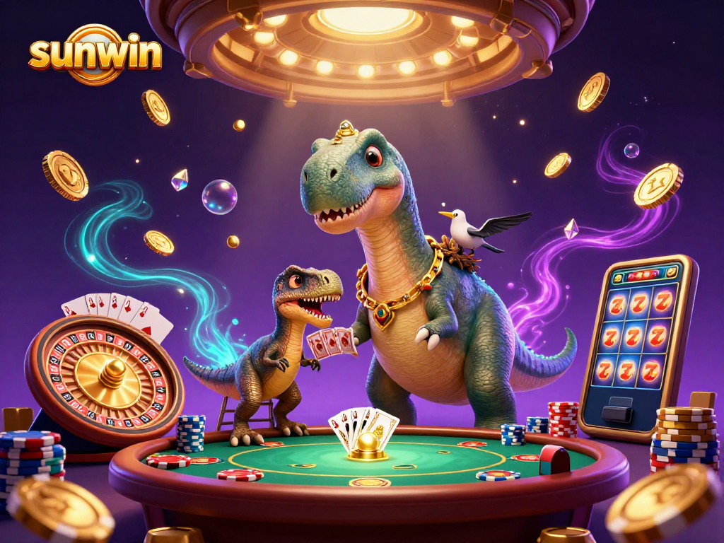 sunwin features a cartoon brontosaurus and clever raptor in a vibrant casino scene