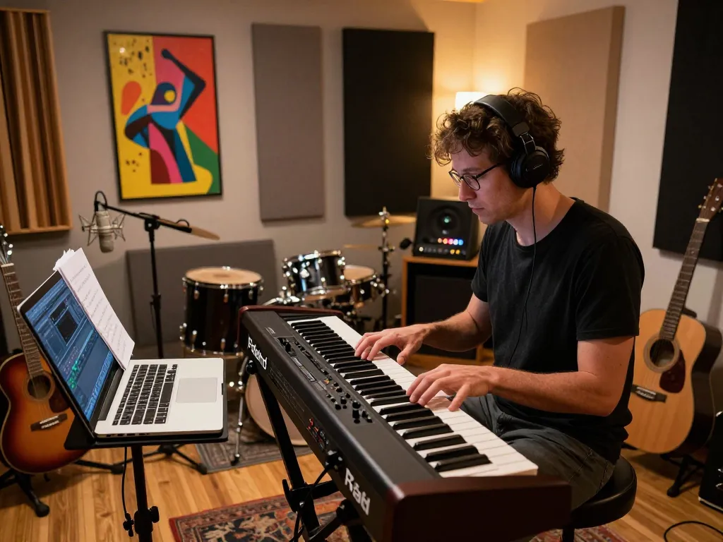 Musician playing the VK88 organ in a vibrant home studio, surrounded by instruments and creative decor.
