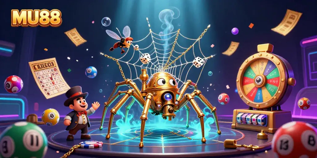 Experience excitement at MU88 with a steampunk spider weaving golden chains amidst vibrant gaming elements.