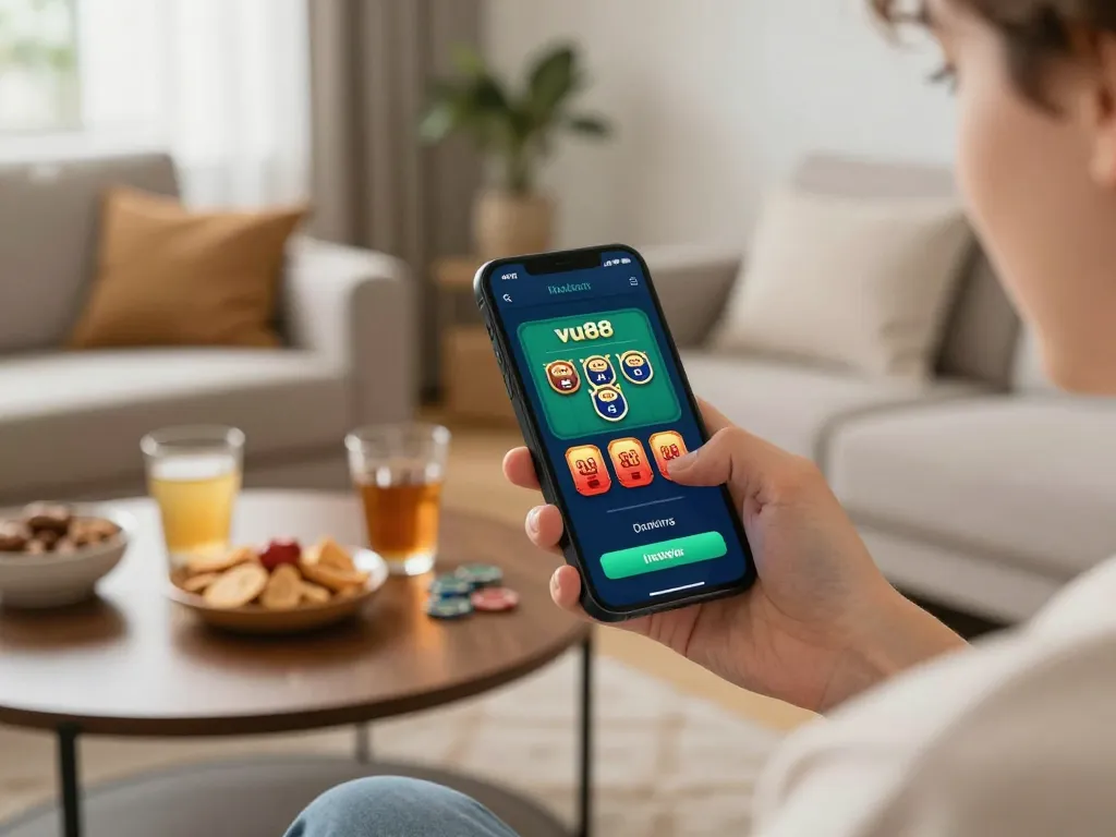 Engaging with vu88 app on smartphone while enjoying a relaxed home atmosphere.