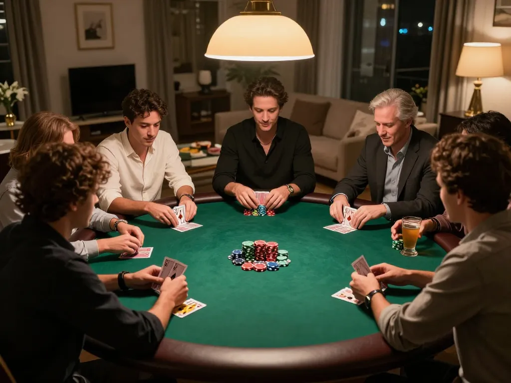 Players enjoying a friendly poker game at home, highlighting ga888n as a strategic focal point.