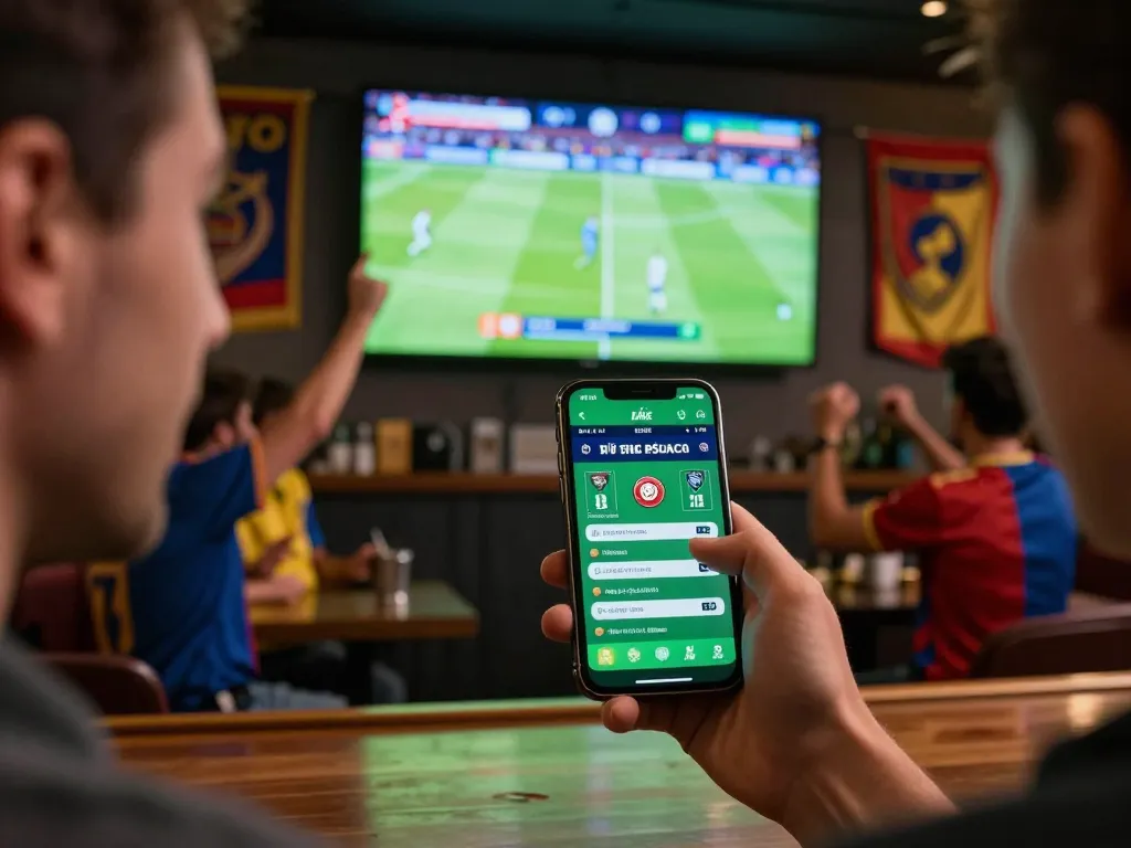Engaged sports bettor analyzing tỷ lệ bóng đá kèo nhà cái on smartphone amid a lively match atmosphere in a sports bar.