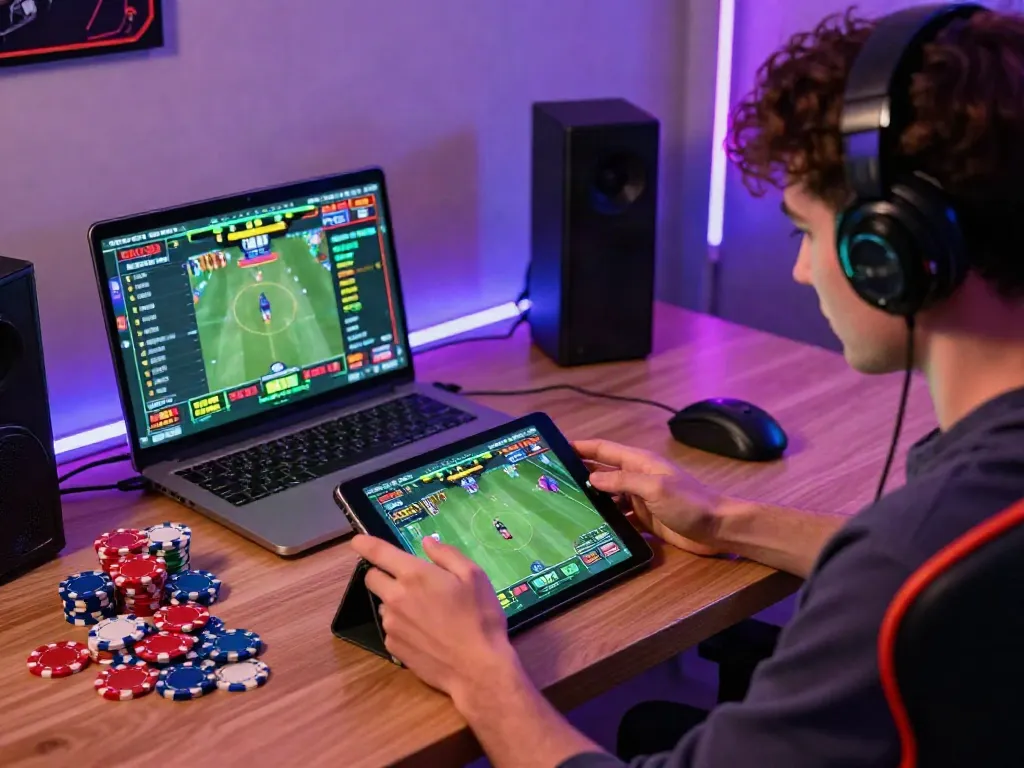 Interactive sports betting scene featuring https://fabet.com.mx/ with gaming devices and lively decor.