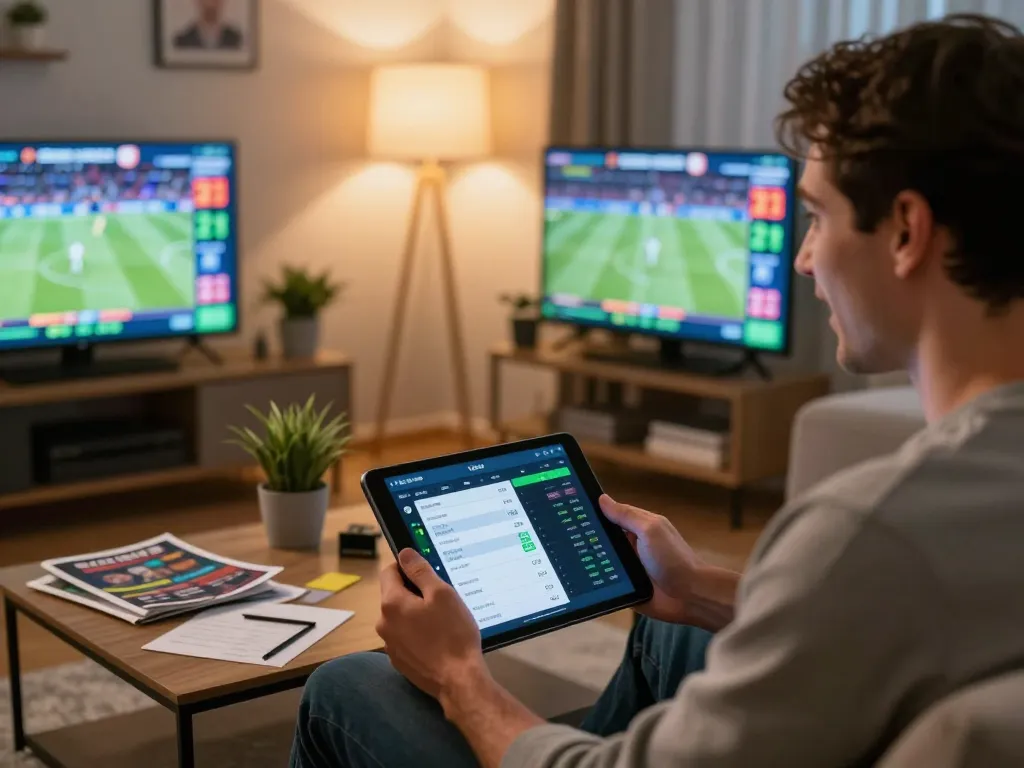 The excitement of betting on live sports at home using https://va88.ceo/ with multiple screens and strategic notes.