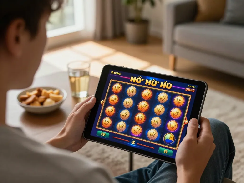 Nổ hũ sp8bet gameplay on tablet surrounded by cozy home elements, showcasing engaging gambling action.