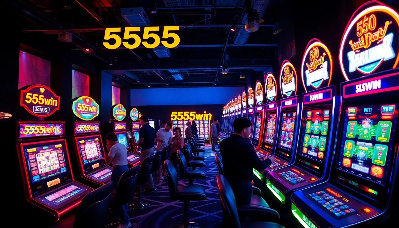 Exciting gaming atmosphere featuring 555win slot machines and players celebrating their wins.