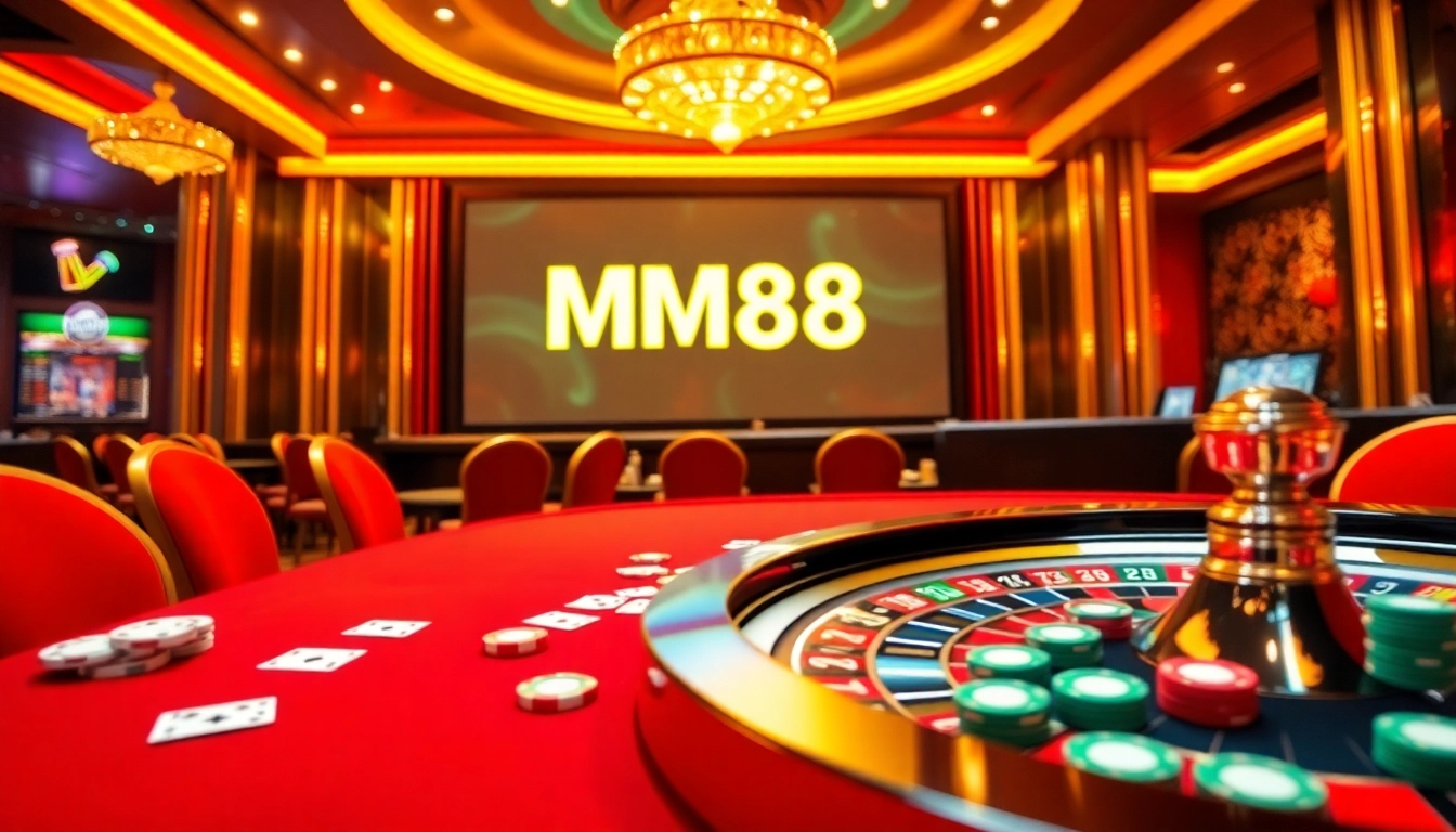 MM88 casino scene with vibrant roulette wheel and poker chips, highlighting excitement in gambling.
