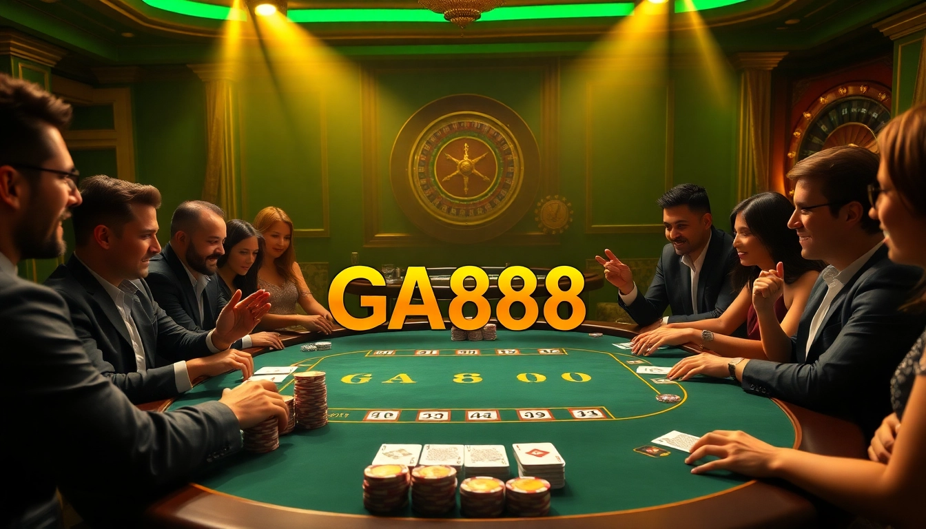 Players winning at GA888-themed poker table with vibrant casino elements.