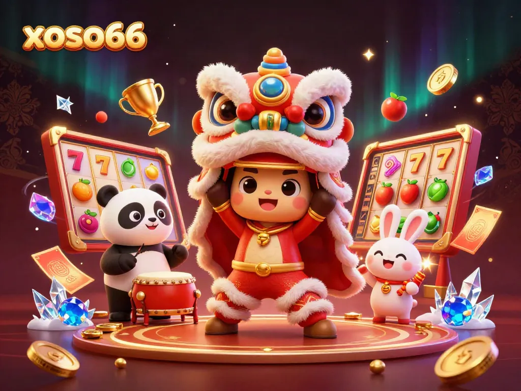 Experience the excitement of xoso66 with a vibrant lion dance scene, featuring dynamic slot games and gaming elements.