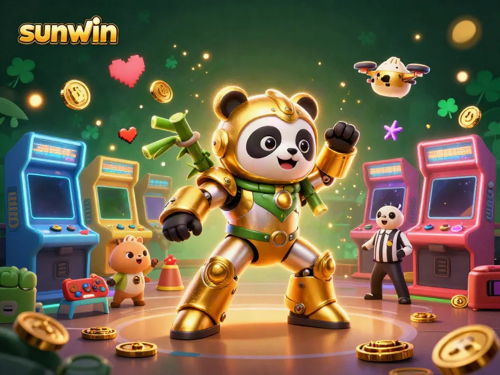 Experience the thrill of gaming with sunwin’s vibrant 3D casino illustration featuring colorful arcade machines and dynamic characters.