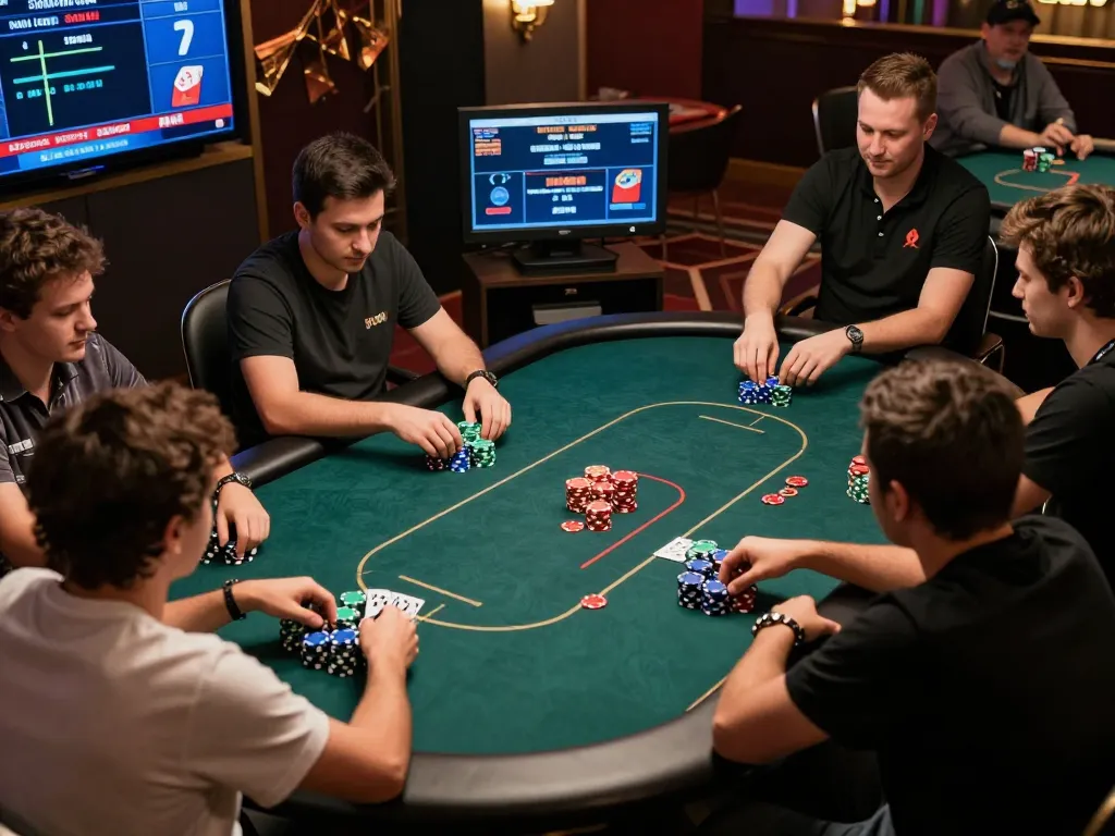Players engaging in strategic gameplay at MM88br's online poker table, highlighting an exciting virtual gambling atmosphere.