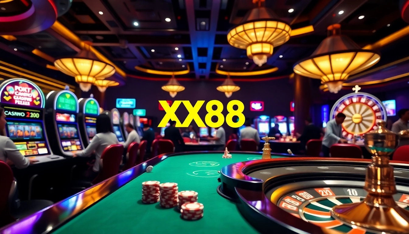 Exciting players engage in the casino xx88 experience with vibrant slot machines and roulette tables.
