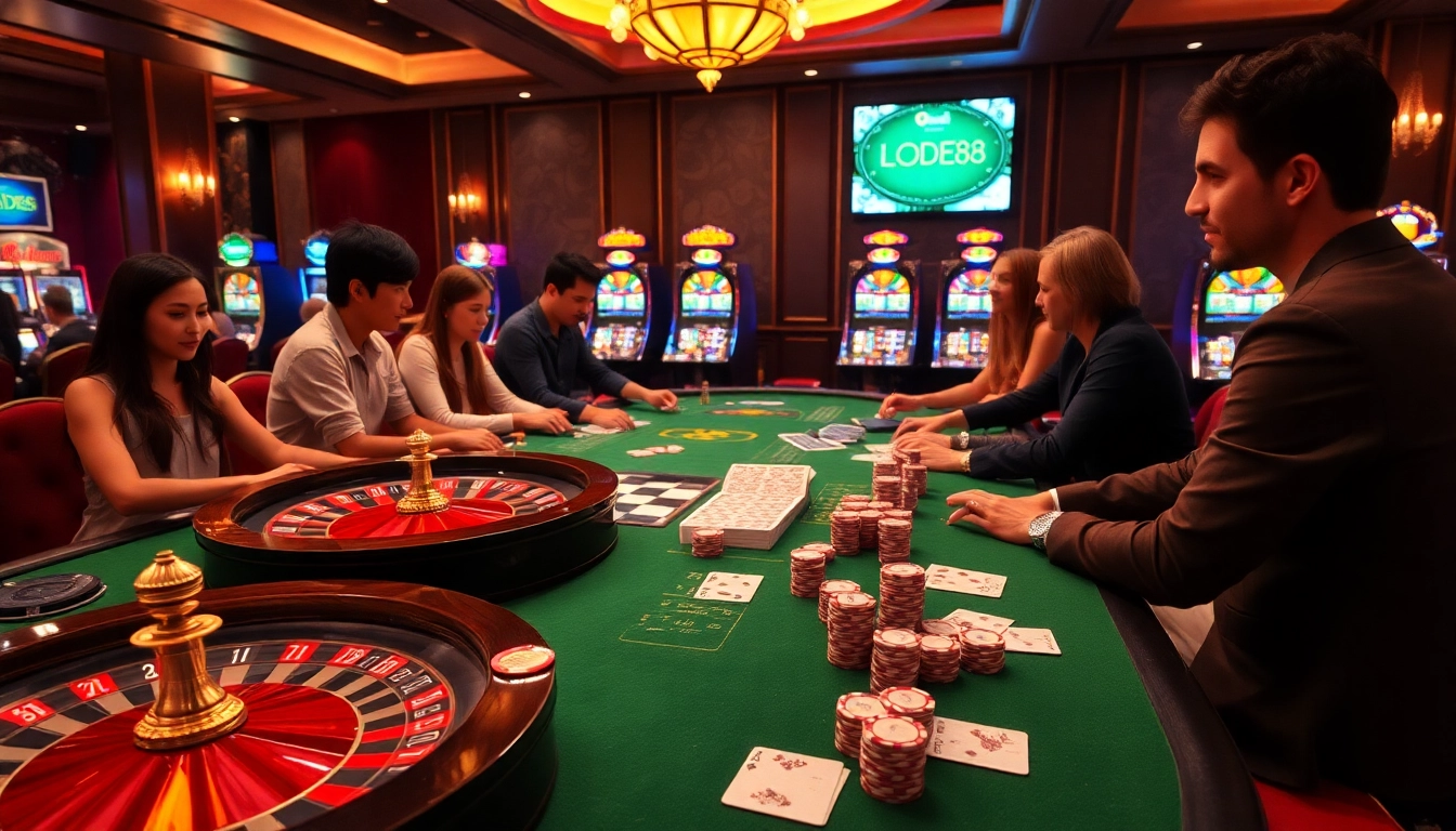 Experience thrilling gambling action at https://lode88.coach/ with vibrant casino tables and poker chips.
