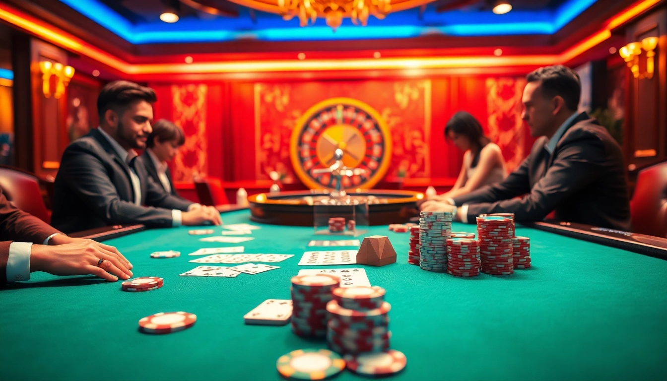Exciting casino scene showcasing players at a poker table with elements from https://i9bet.space/.
