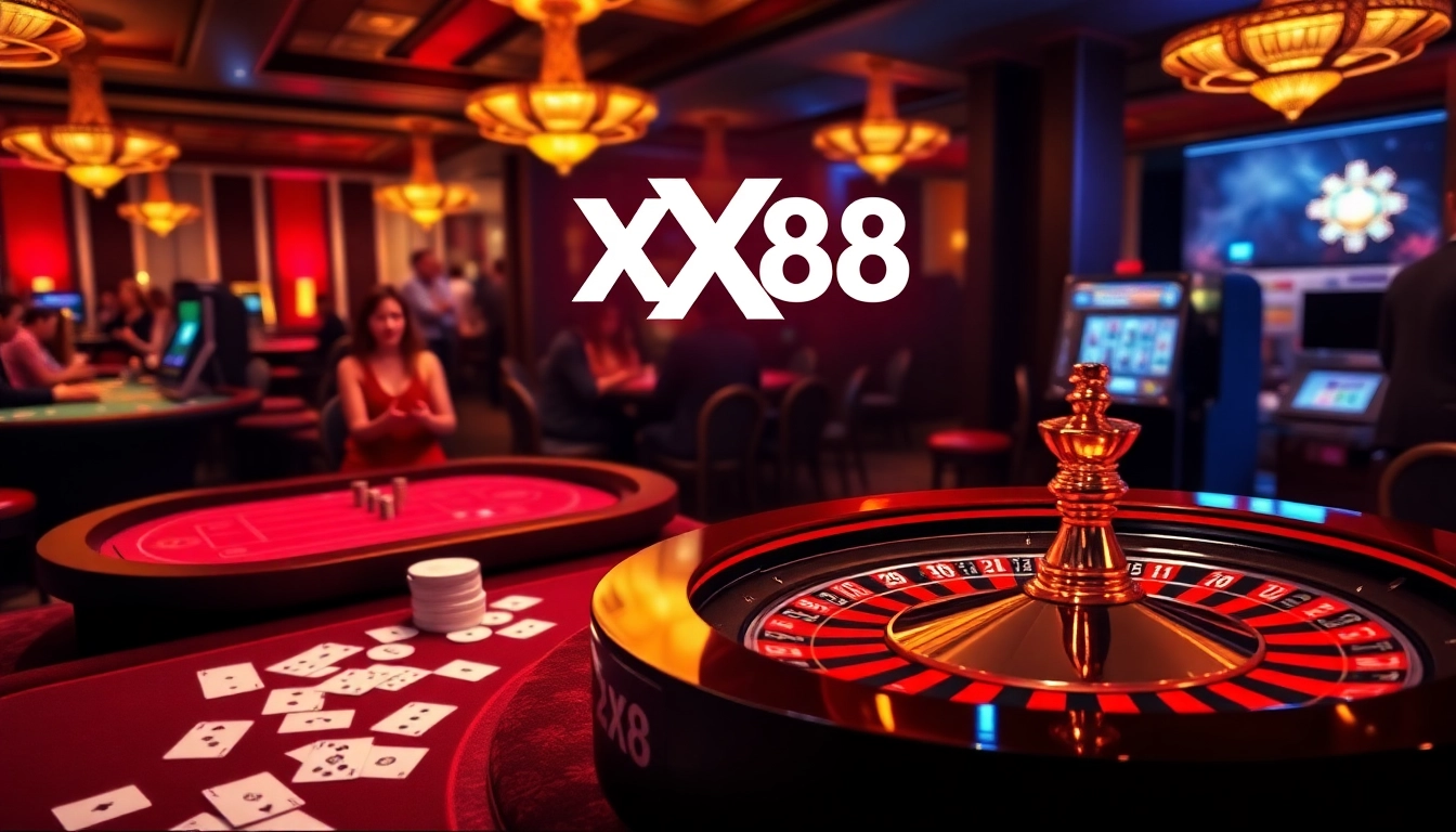 Excited players engaging with the XX88 online casino, showcasing vibrant tables and dynamic gameplay.
