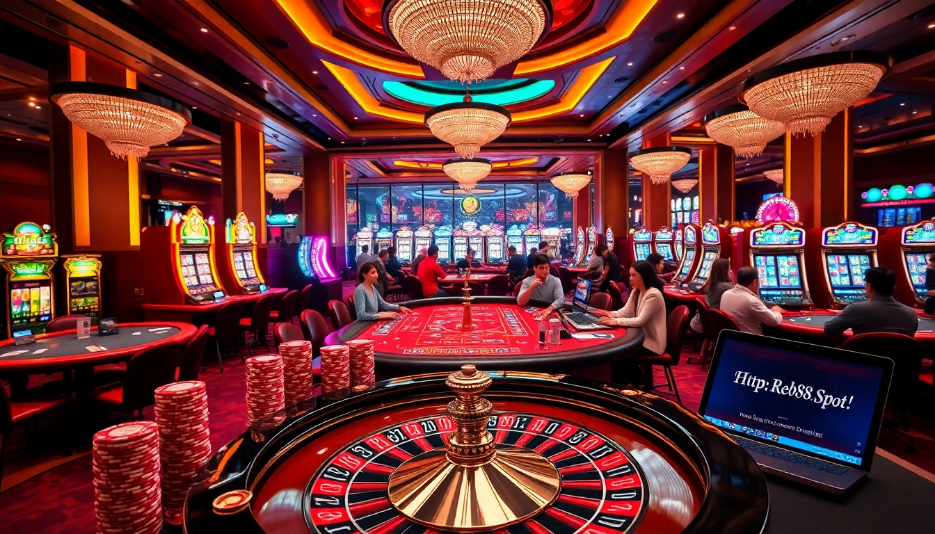 Engaged players at tables featuring classic games and online interfaces at https://red88.spot/, showcasing thrilling casino excitement.