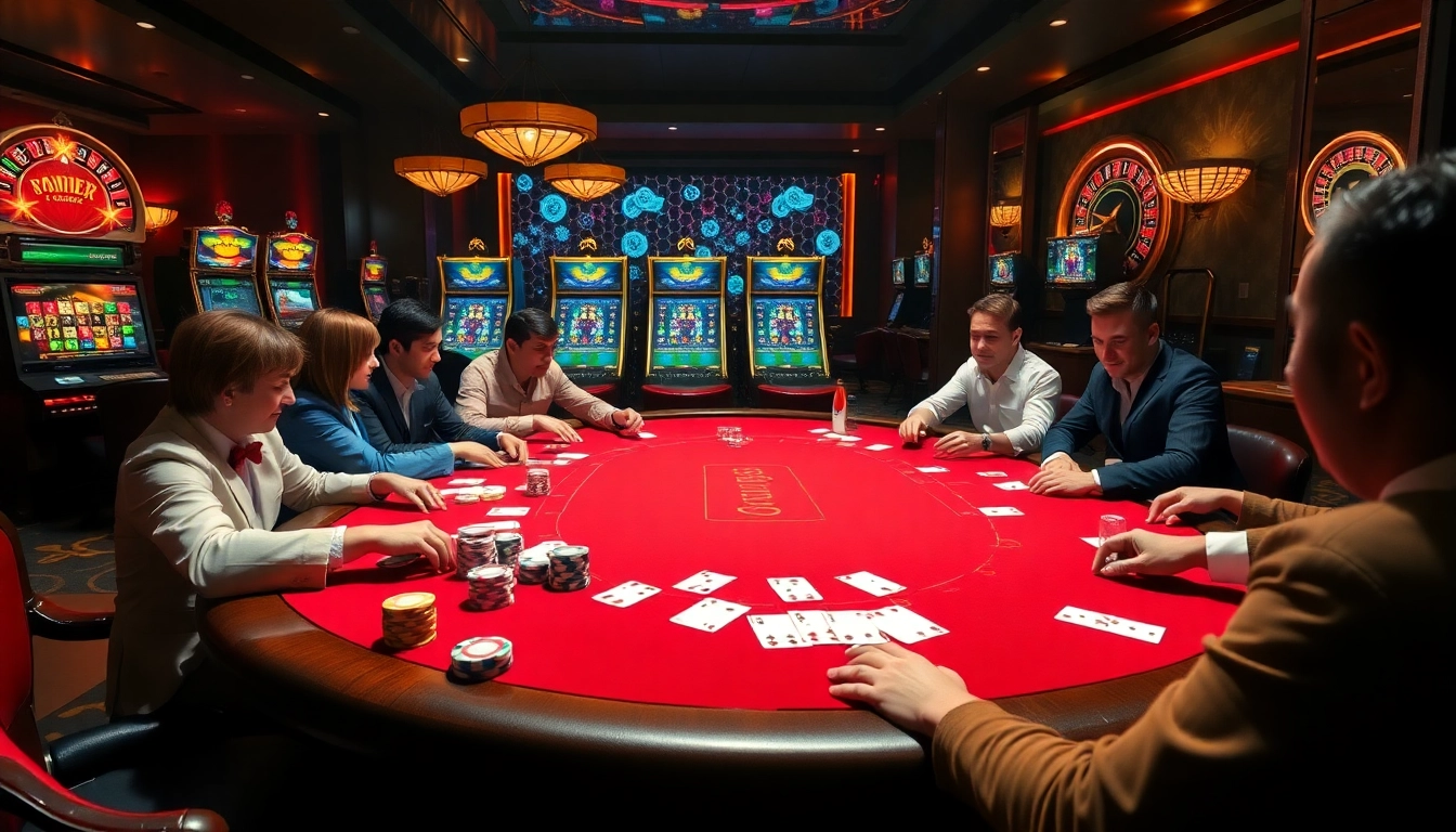 Experience the excitement of casino gaming at https://da88.bot/, featuring vibrant poker tables and slot machines.