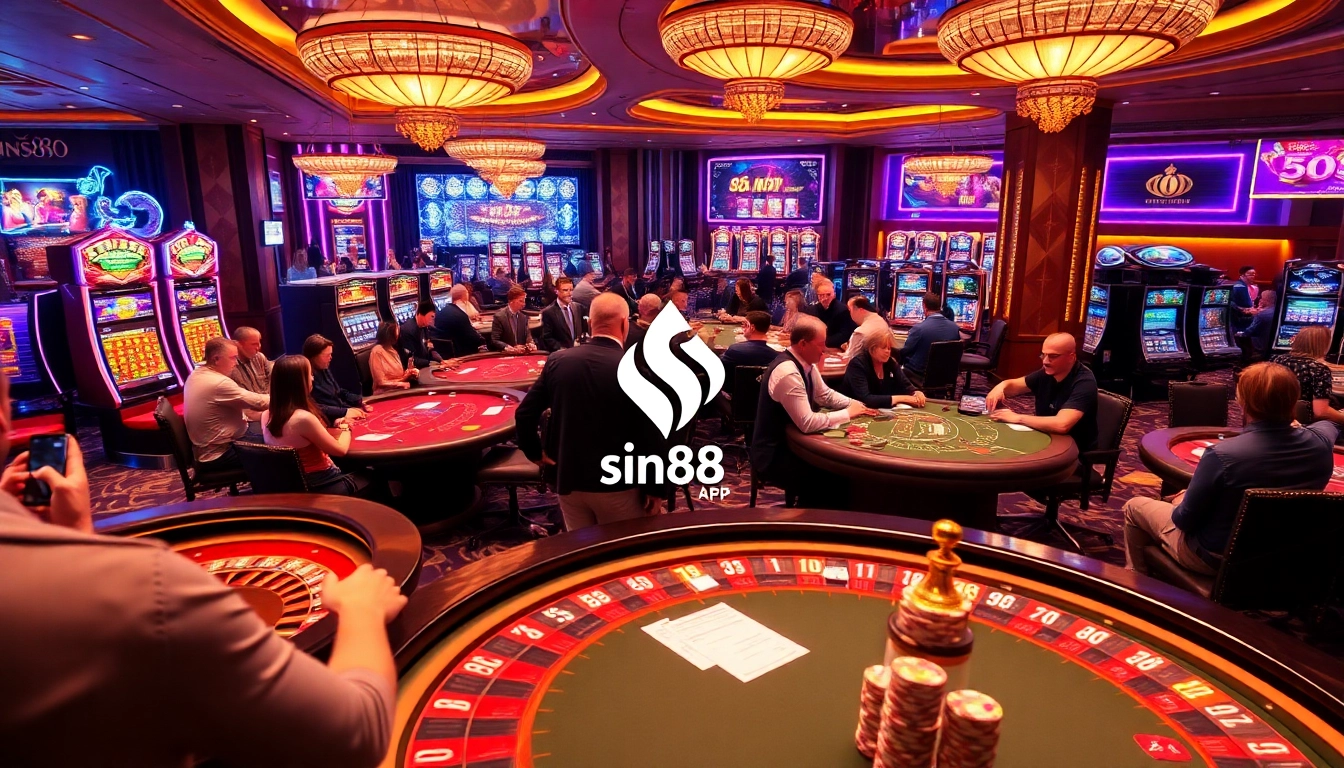 Experience the thrill of betting at https://sin88.app/ with vibrant casino tables, poker chips, and excited players.