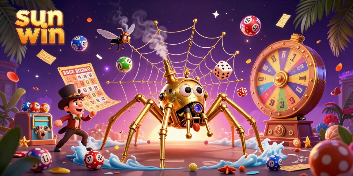 Win big at sun win with unique 3D characters and vibrant casino elements in this engaging illustration.