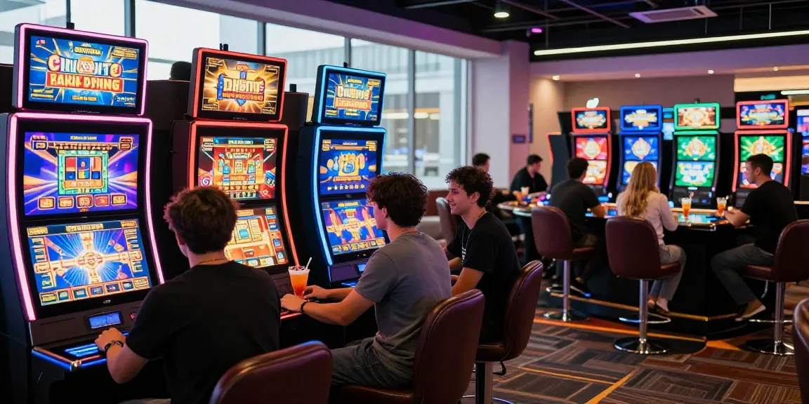 Slotrave vibrant gaming experience with players at colorful slot machines and live dealer tables.