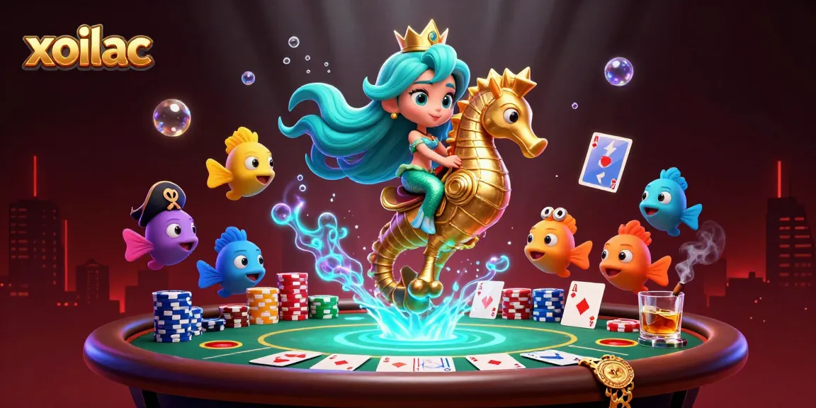 xoilac directs underwater poker adventure with mermaid and seahorse amid vibrant gambling elements.