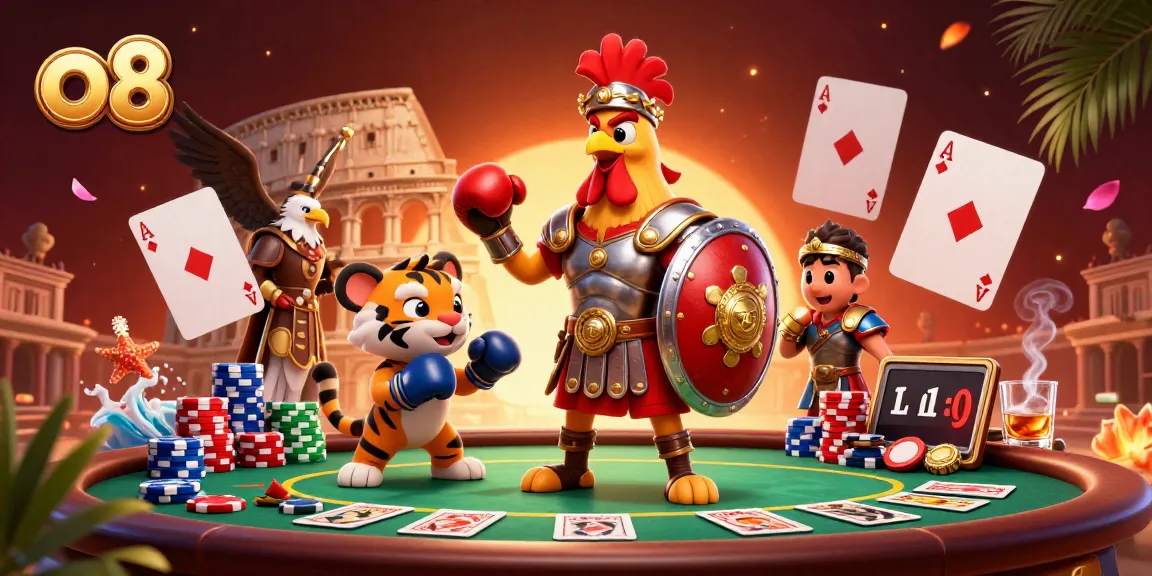 Engage in thrilling gambling action at o8 with a vibrant 3D casino showdown featuring roosters and poker elements.