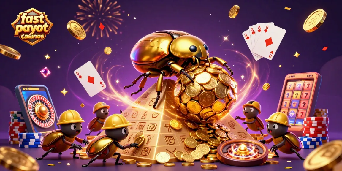 Experience fast payout casinos with cartoon beetles rolling coins, sparkles, and vibrant casino elements.