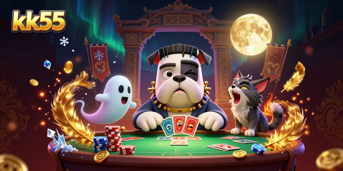 kk55 showcases vibrant casino action with a Frankenstein bulldog dealing cards at a spooky table