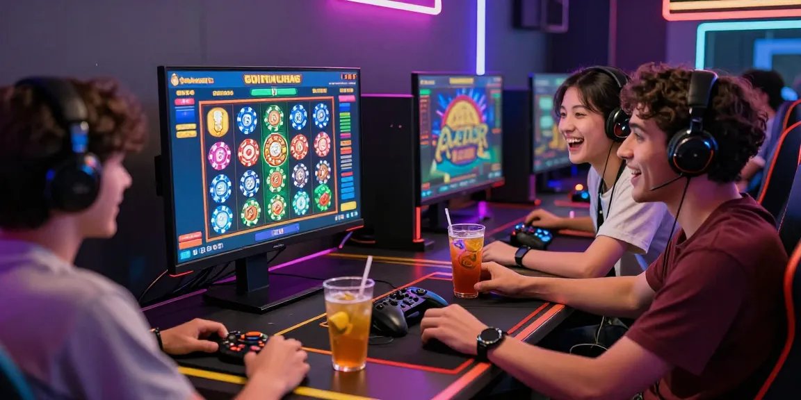 Friends enjoying a lively slot gacor gaming session with vibrant screens.