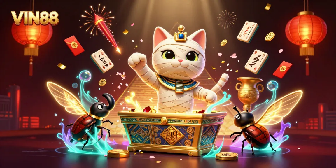 Discover thrilling gaming with VIN88 as a cartoon mummy cat showcases excitement in a 3D casino setting.