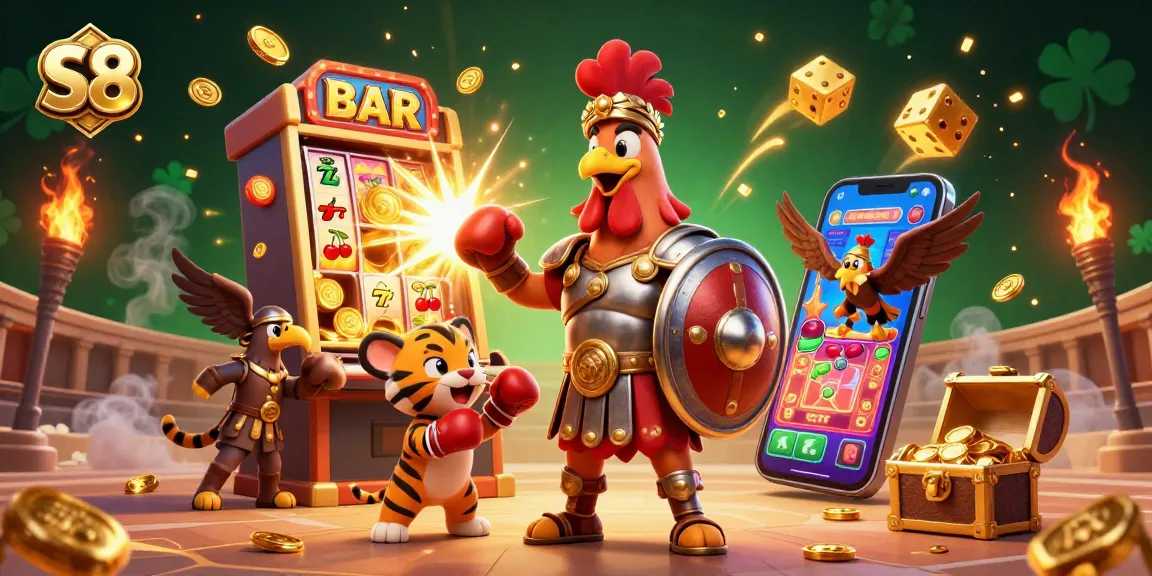 S8 features a lively gladiator rooster and tiger cub amidst a vibrant casino world of slots and games, showcasing excitement.