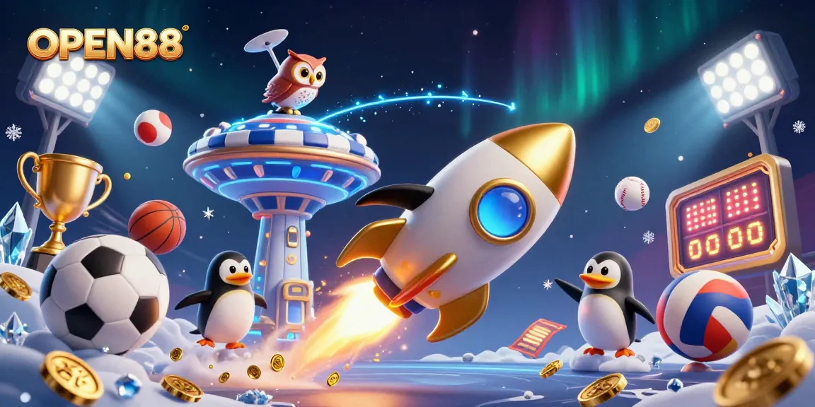 Experience excitement with OPEN88: A golden penguin launches toward a casino space station amidst dynamic sports elements.
