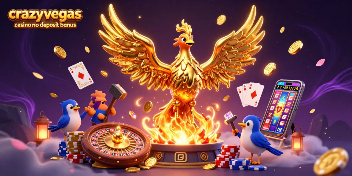 Experience the thrill with the crazyvegas casino no deposit bonus, featuring a golden phoenix amidst casino elements.