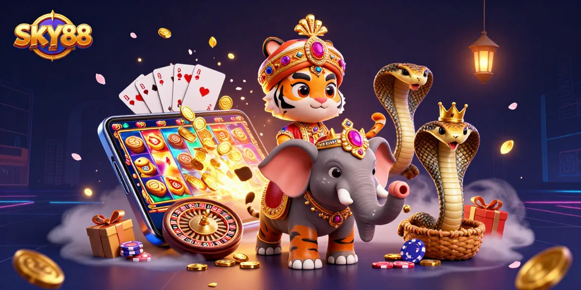 Experience thrilling gambling action with SKY88 featuring a vibrant 3D digital illustration of a tiger, elephant, and game elements.