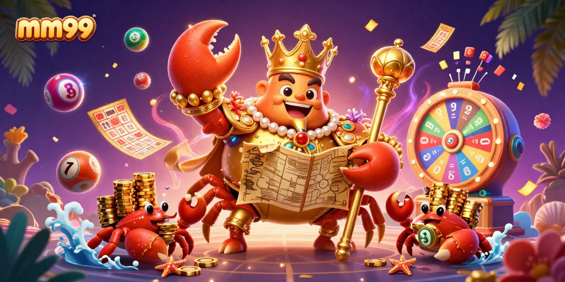 Play lottery and win with mm99's vibrant scene featuring a golden crab emperor and treasure.