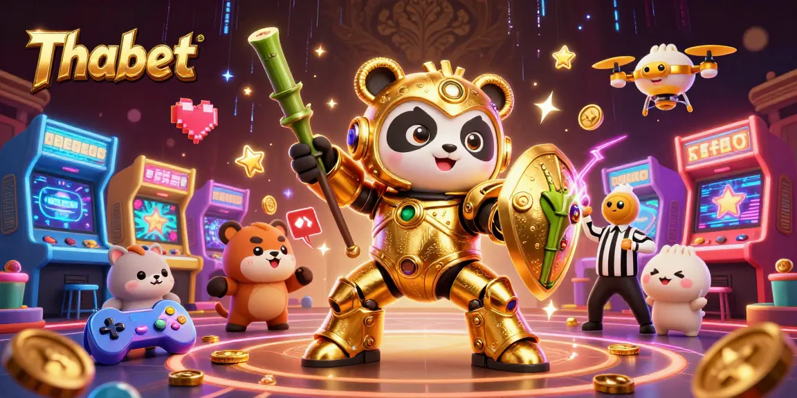 Thabet casino showcases a mech-suit panda in battle with gaming elements in a vibrant arena.
